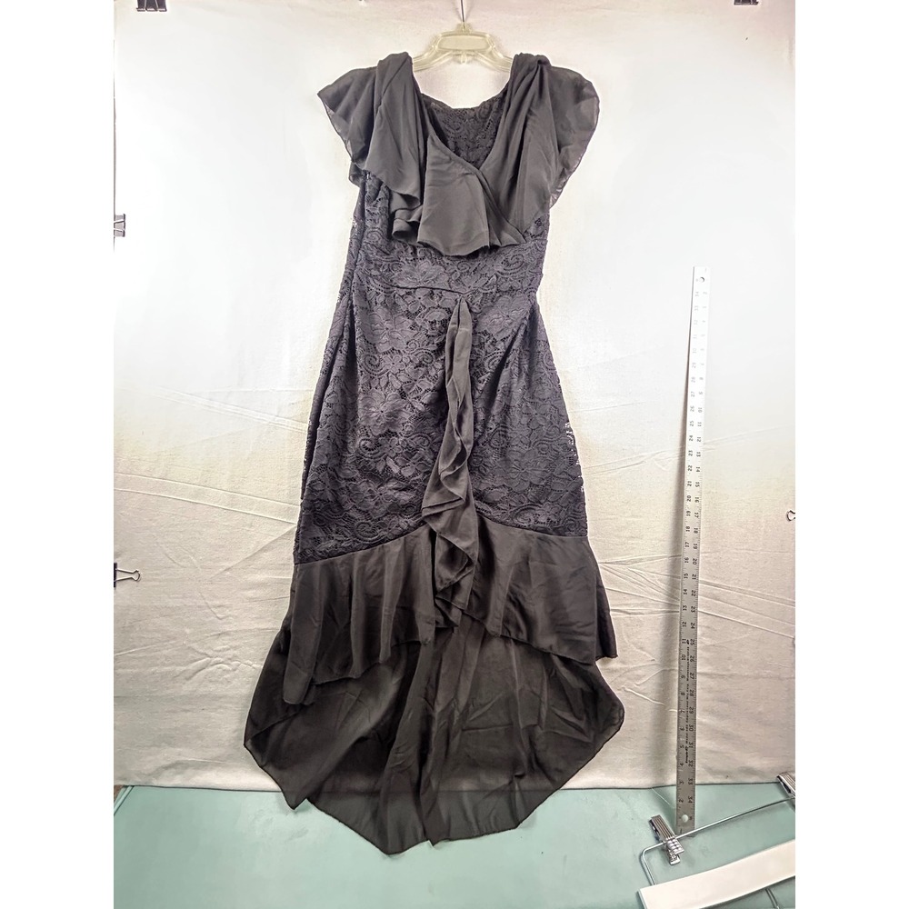 Black Floral Lace High Low Ruffle V-Neck Evening Gown Dress XL Womens
